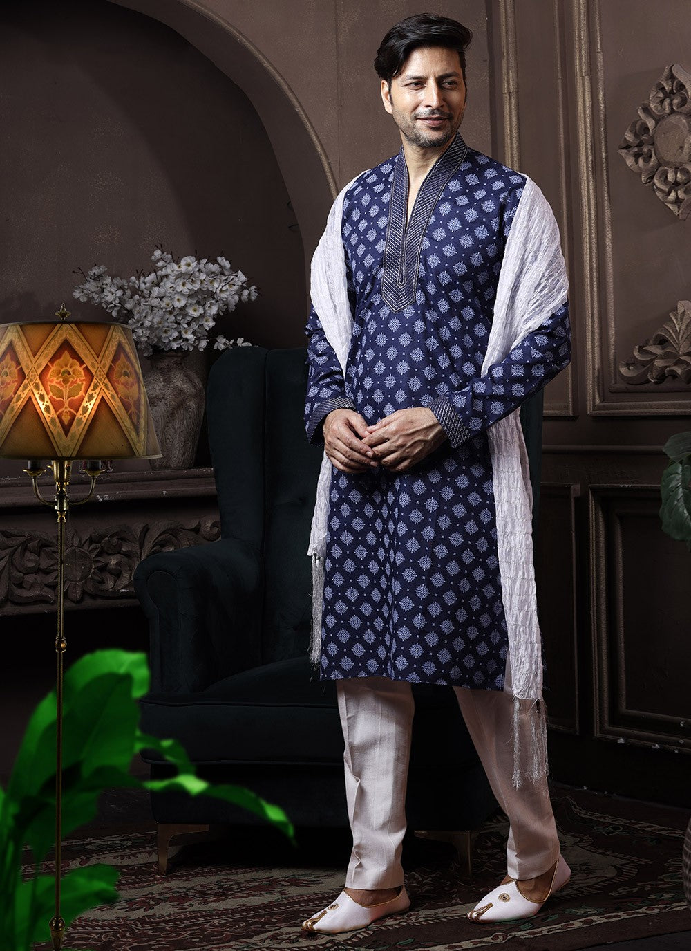 Printed Cotton Navy Blue Kurta Pyjama - M3652