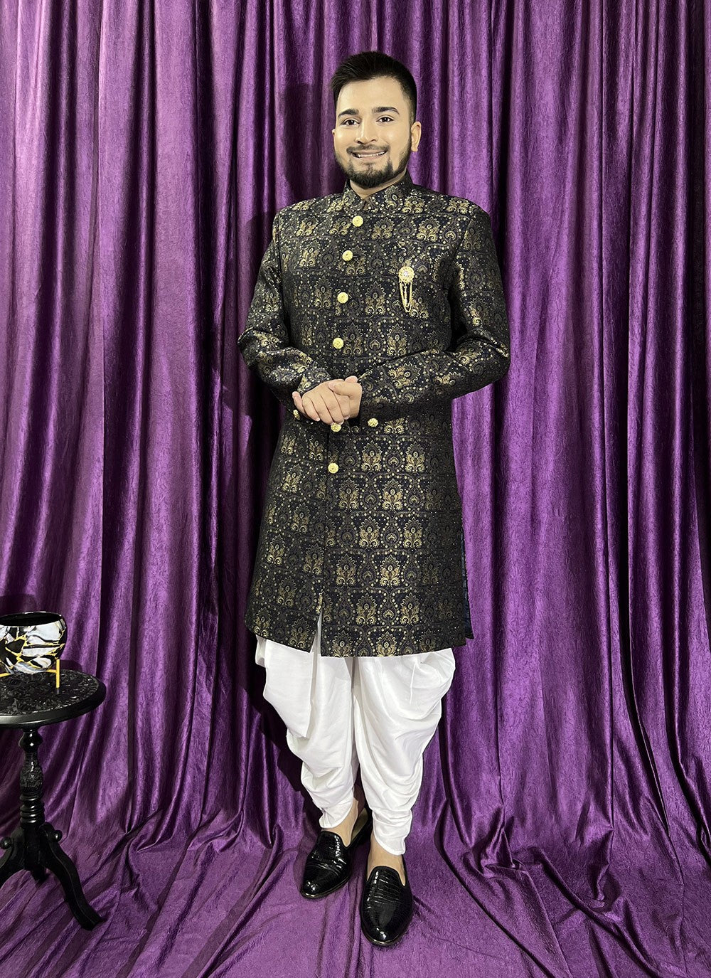 Fancy Work Jacquard Navy Blue Indo Western - M5709