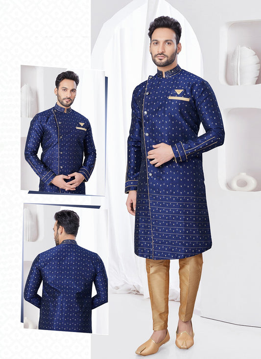 Plain Jacquard Navy Blue Indo Western - M7700
