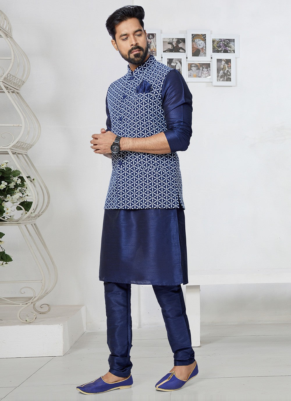 Resham Thread Work Dupion Silk, Viscose Navy Blue Kurta Payjama With Jacket - M5476