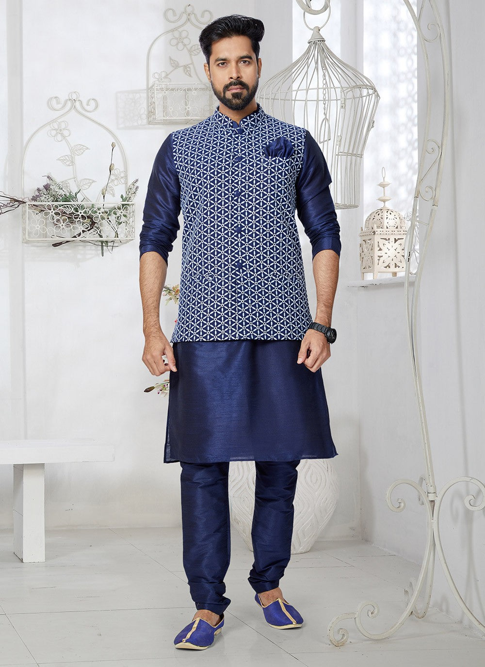 Resham Thread Work Dupion Silk, Viscose Navy Blue Kurta Payjama With Jacket - M5476