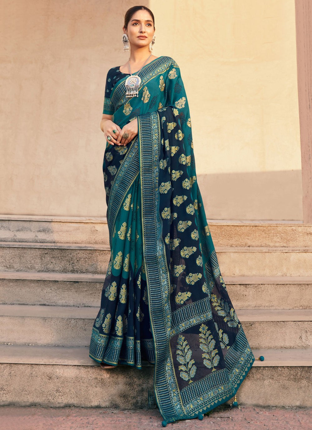 Traditional Printed Navy Blue Georgette Saree S13667