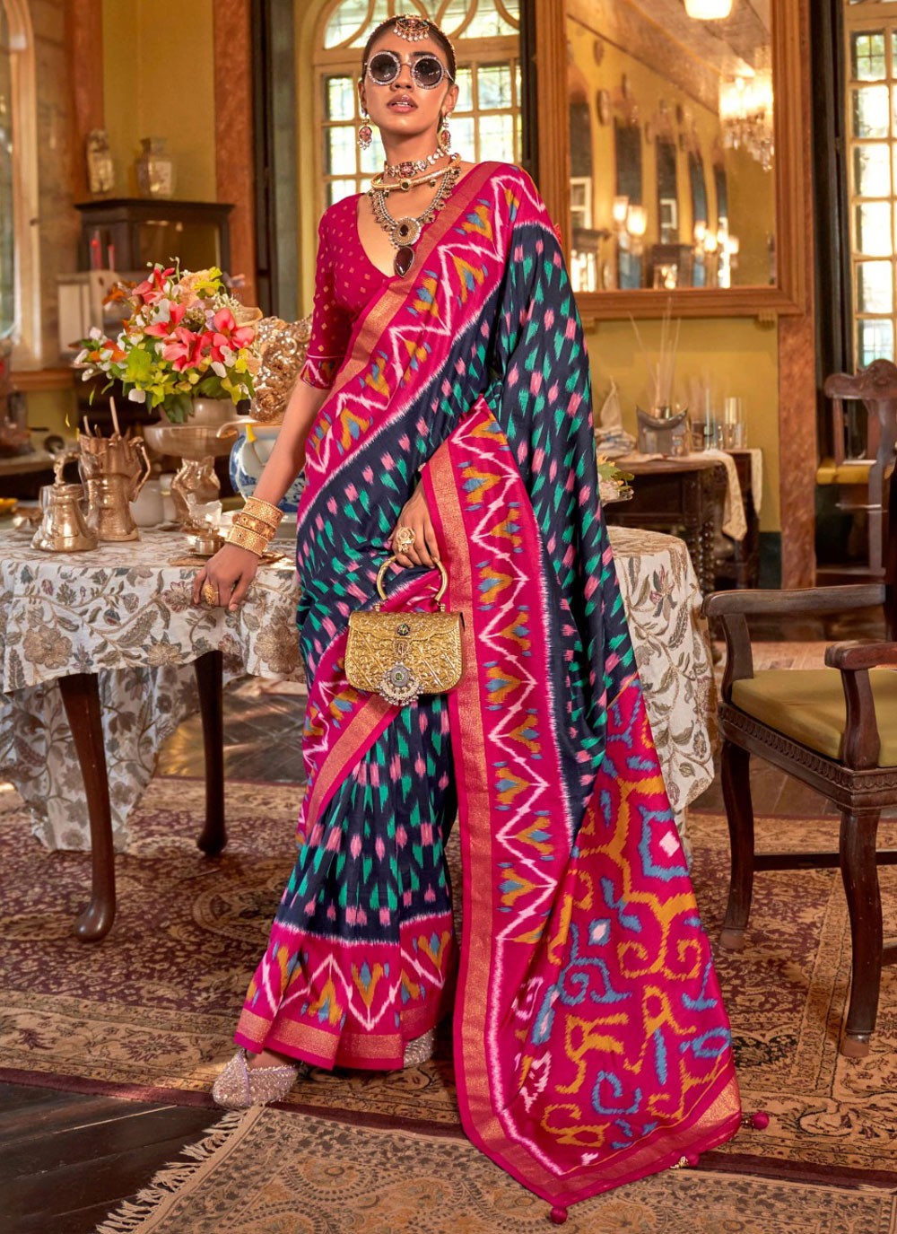 Geometric Print Silk Navy Blue Trendy Saree S14901