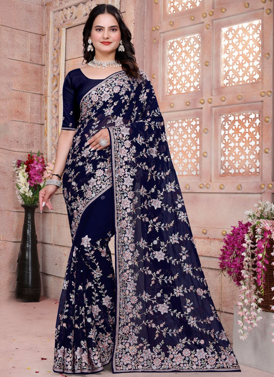 Embroidered Georgette Navy Blue Saree S14835