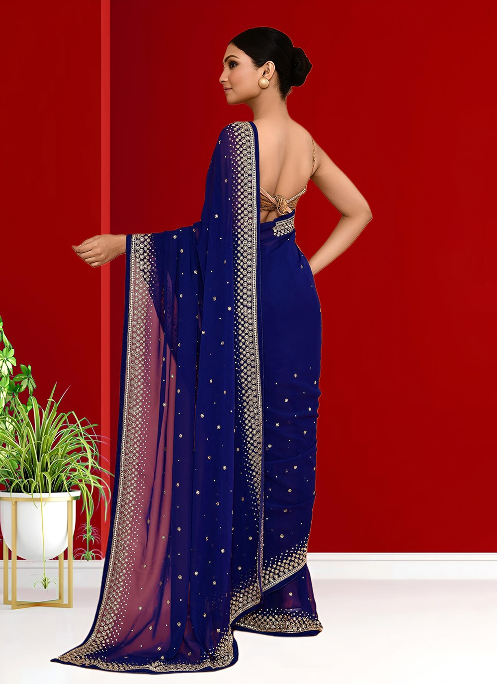 Hand Embroidery Georgette Navy Blue Saree S14281