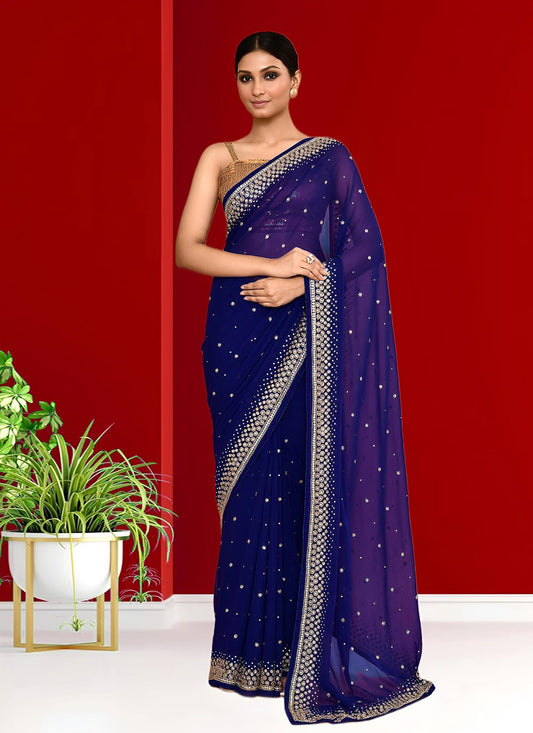 Hand Embroidery Georgette Navy Blue Saree S14281