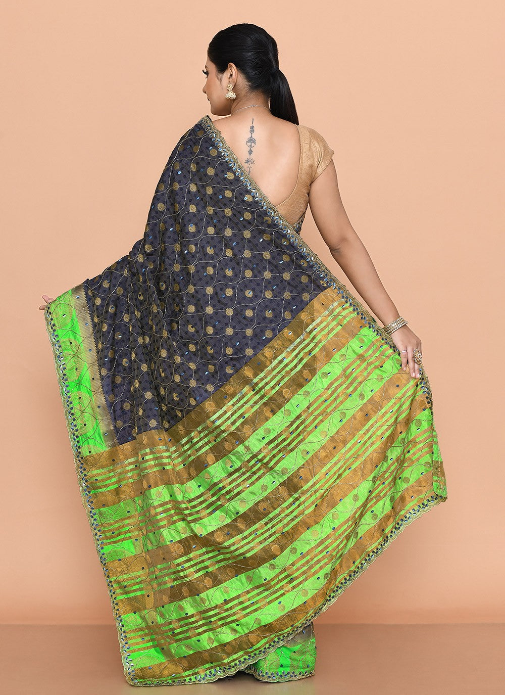 Classic Saree Hand Embroidery Navy Blue Kanjivaram Silk Saree S13151