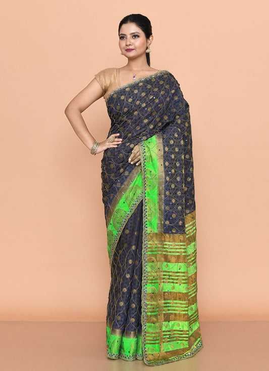 Classic Saree Hand Embroidery Navy Blue Kanjivaram Silk Saree S13151