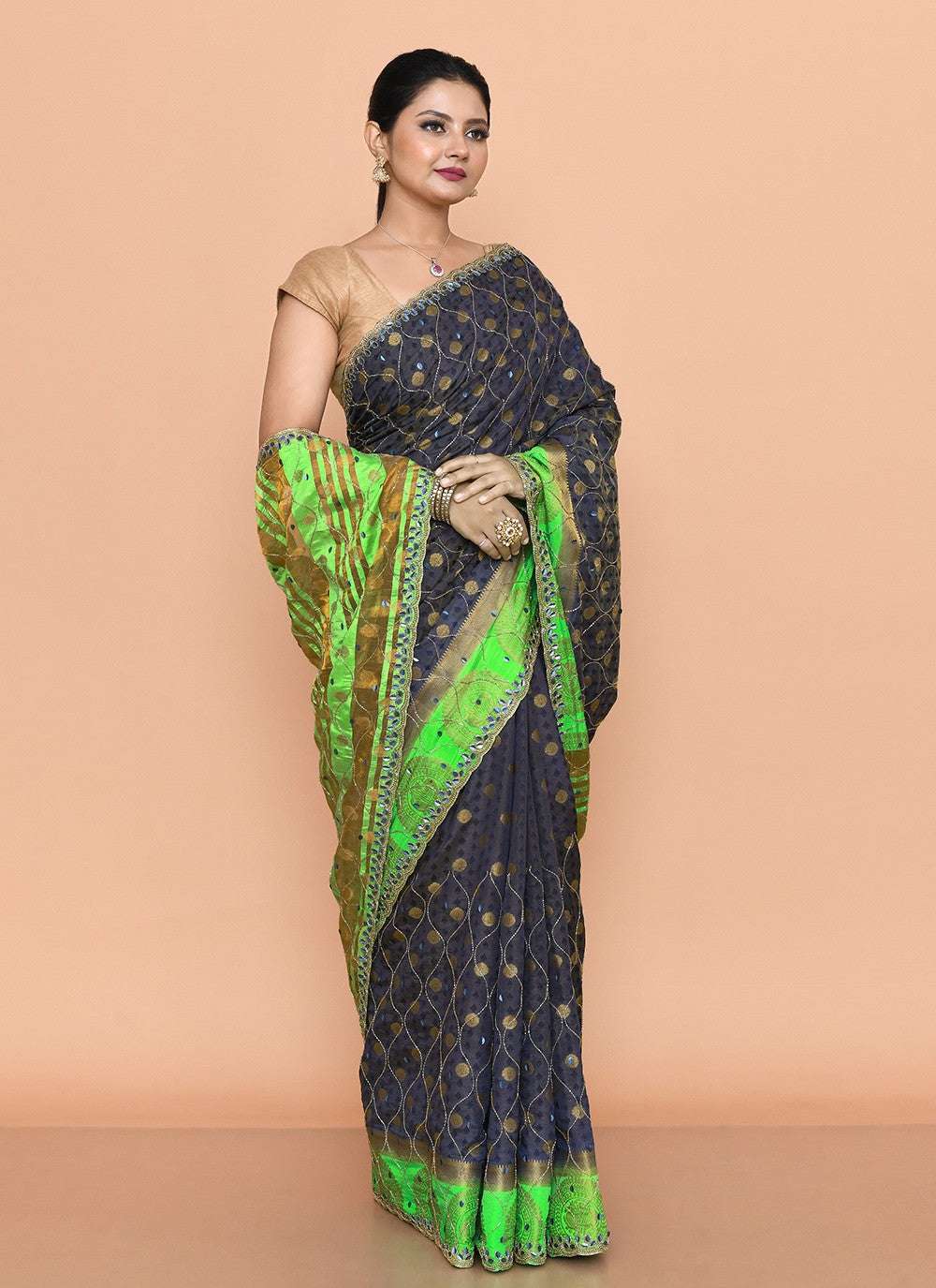 Classic Saree Hand Embroidery Navy Blue Kanjivaram Silk Saree S13151