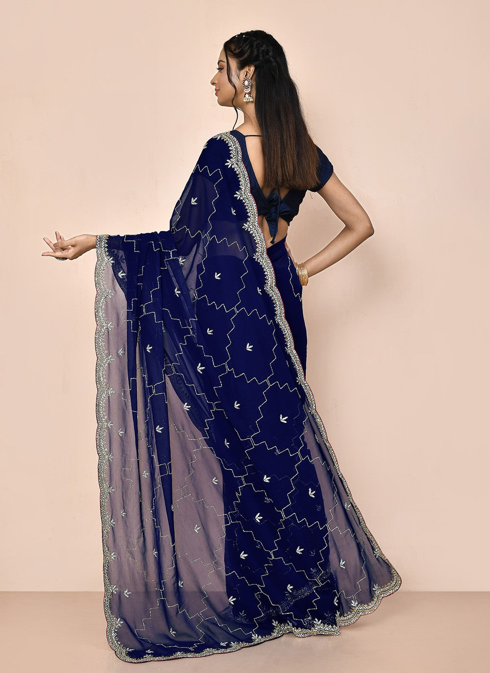 Hand Embroidery Georgette Navy Blue Saree S14363