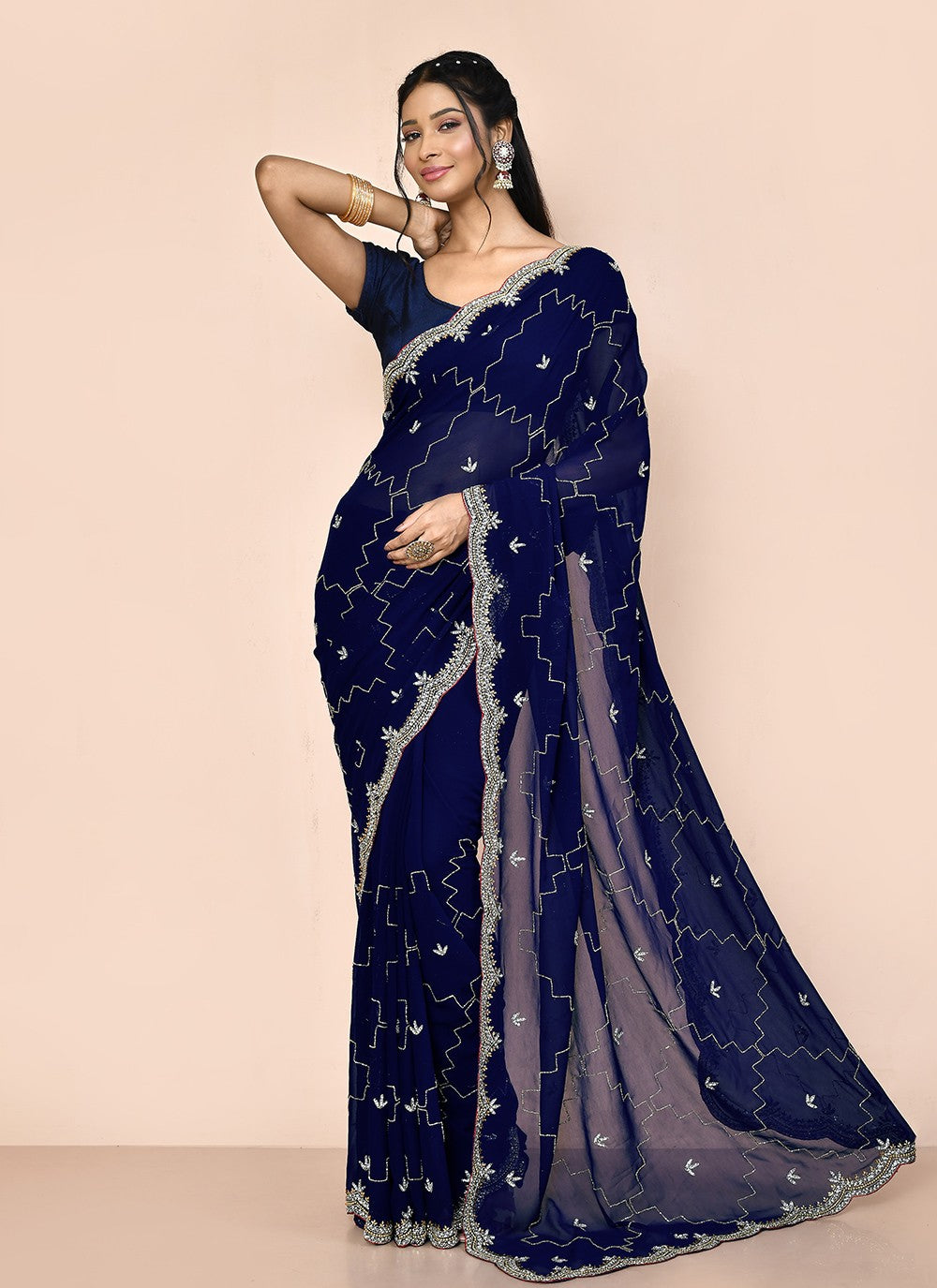 Hand Embroidery Georgette Navy Blue Saree S14363