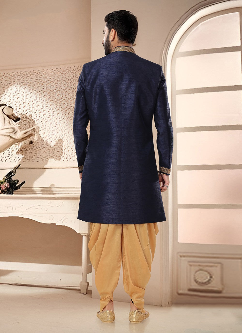 Hand Embroidery Silk Navy Blue Sherwani - M7526