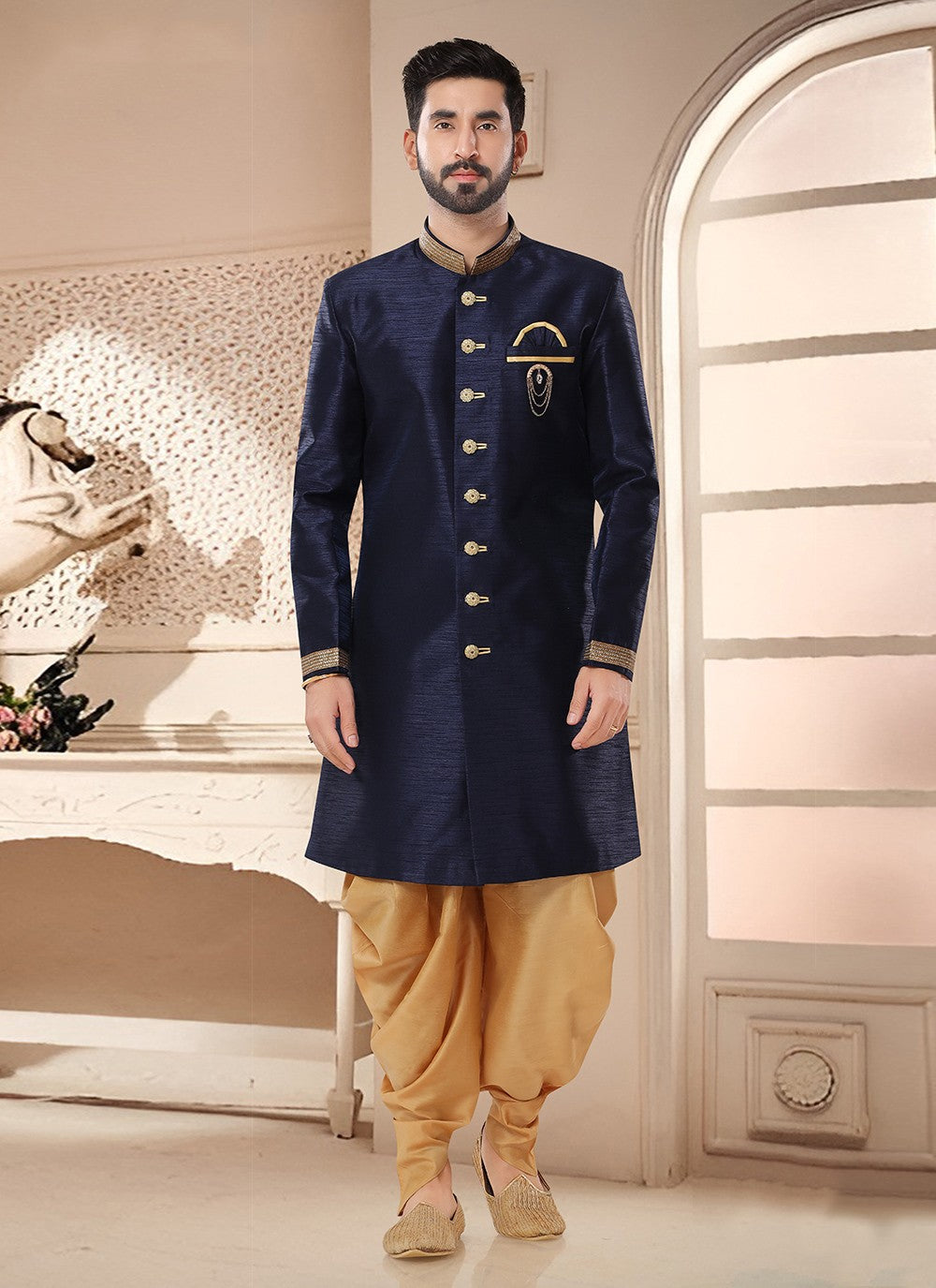 Hand Embroidery Silk Navy Blue Sherwani - M7526