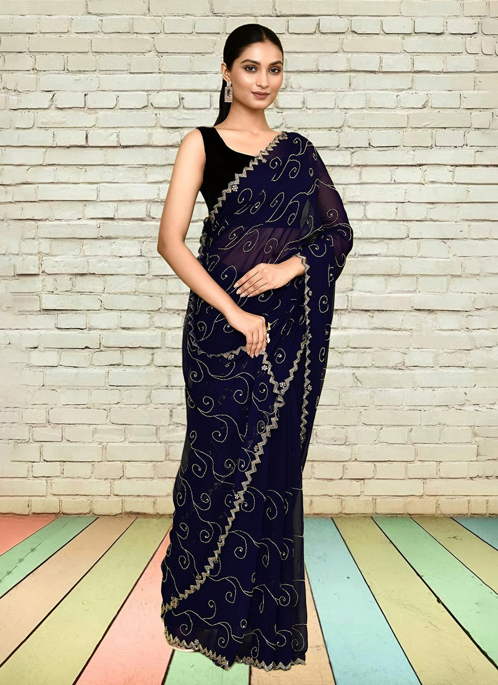Hand Embroidery Georgette Navy Blue Saree S14291