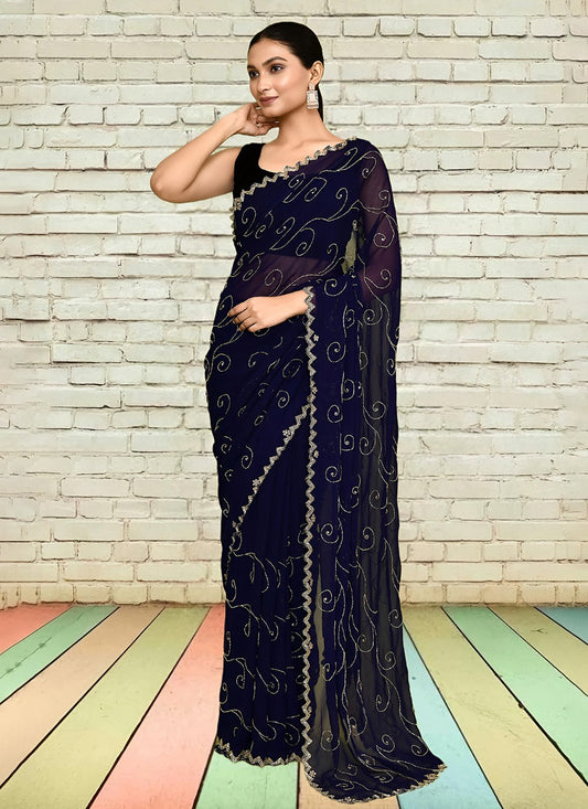 Hand Embroidery Georgette Navy Blue Saree S14291