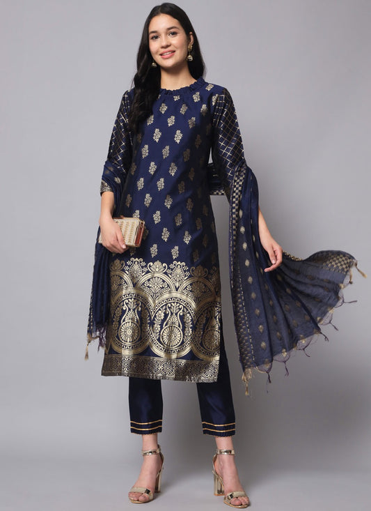 Salwar Suit Jacquard Work Navy Blue T7548