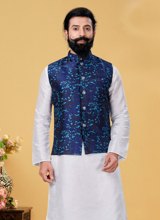 Jacquard Work Jacquard Navy Blue Nehru Jackets - M7369
