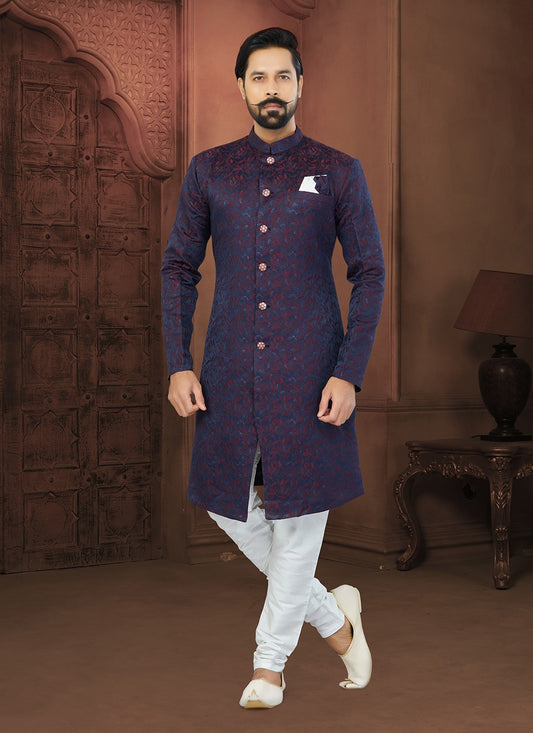 Fancy Work Jacquard Navy Blue Indo Western Sherwani - M5806