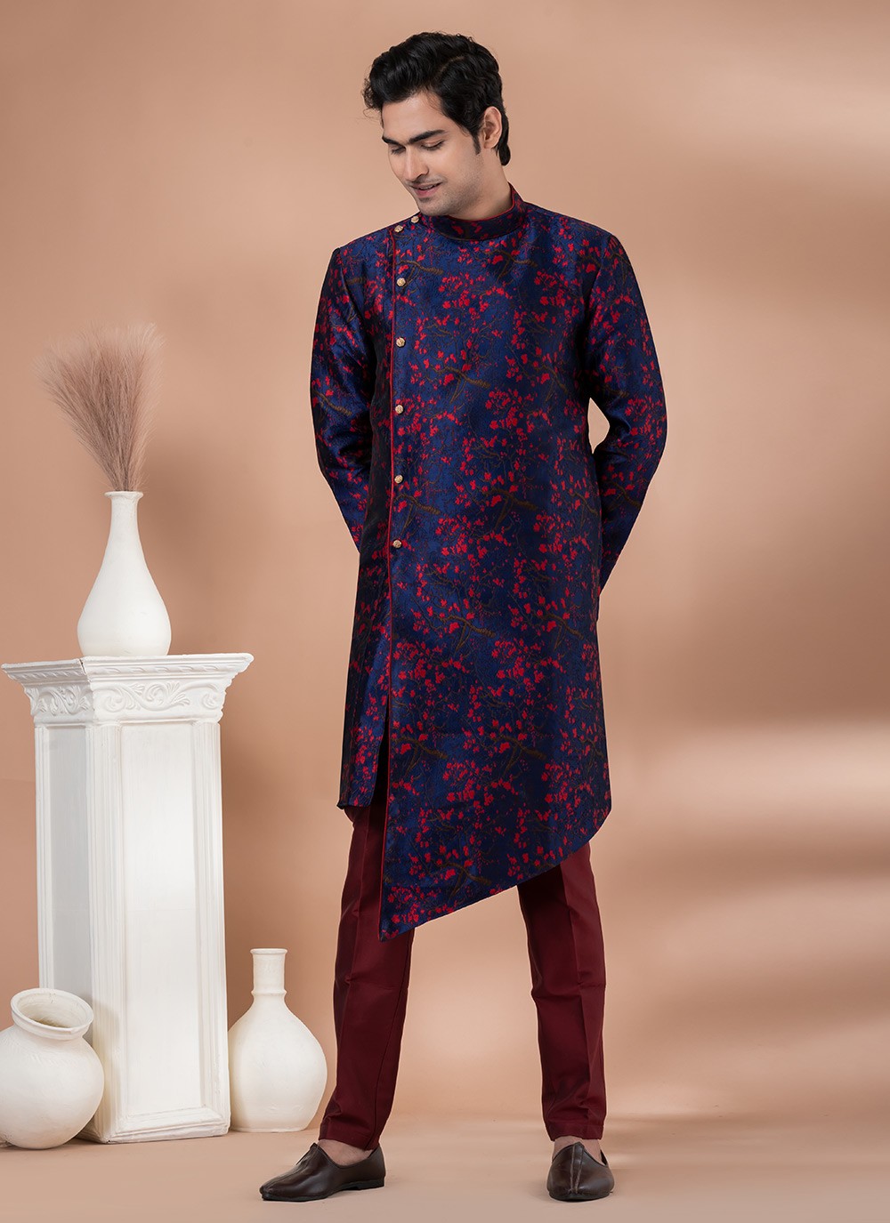Embroidered Jacquard Silk Navy Blue Indo Western - M7044