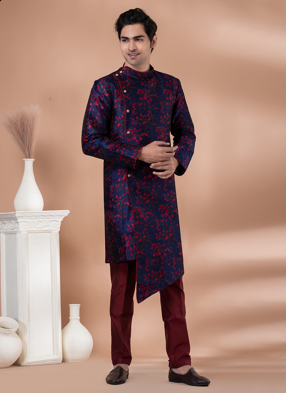 Embroidered Jacquard Silk Navy Blue Indo Western - M7044