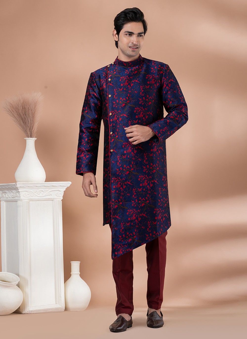 Embroidered Jacquard Silk Navy Blue Indo Western - M7044