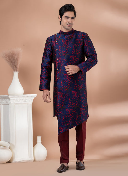 Embroidered Jacquard Silk Navy Blue Indo Western - M7044