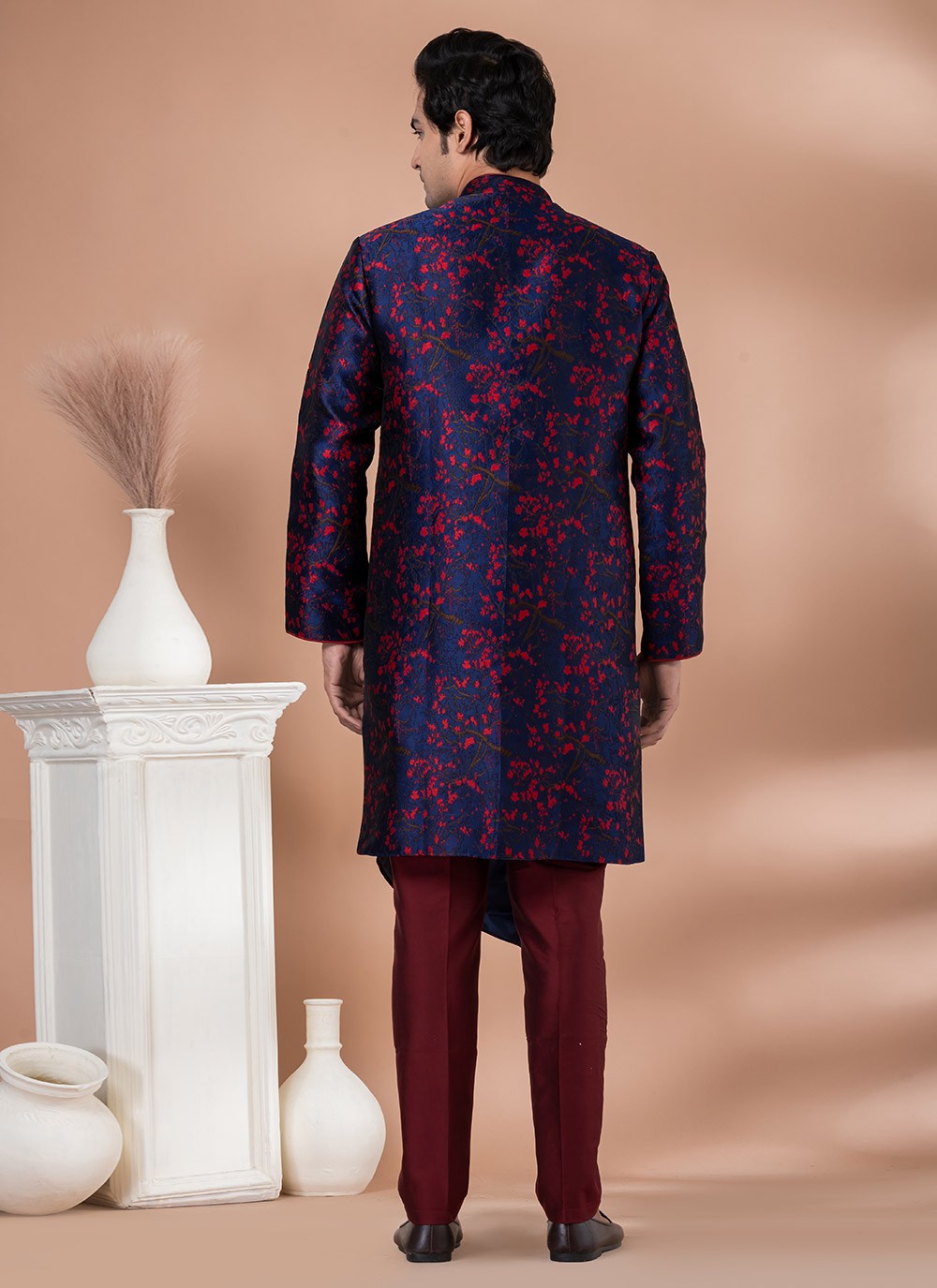 Embroidered Jacquard Silk Navy Blue Indo Western - M7044