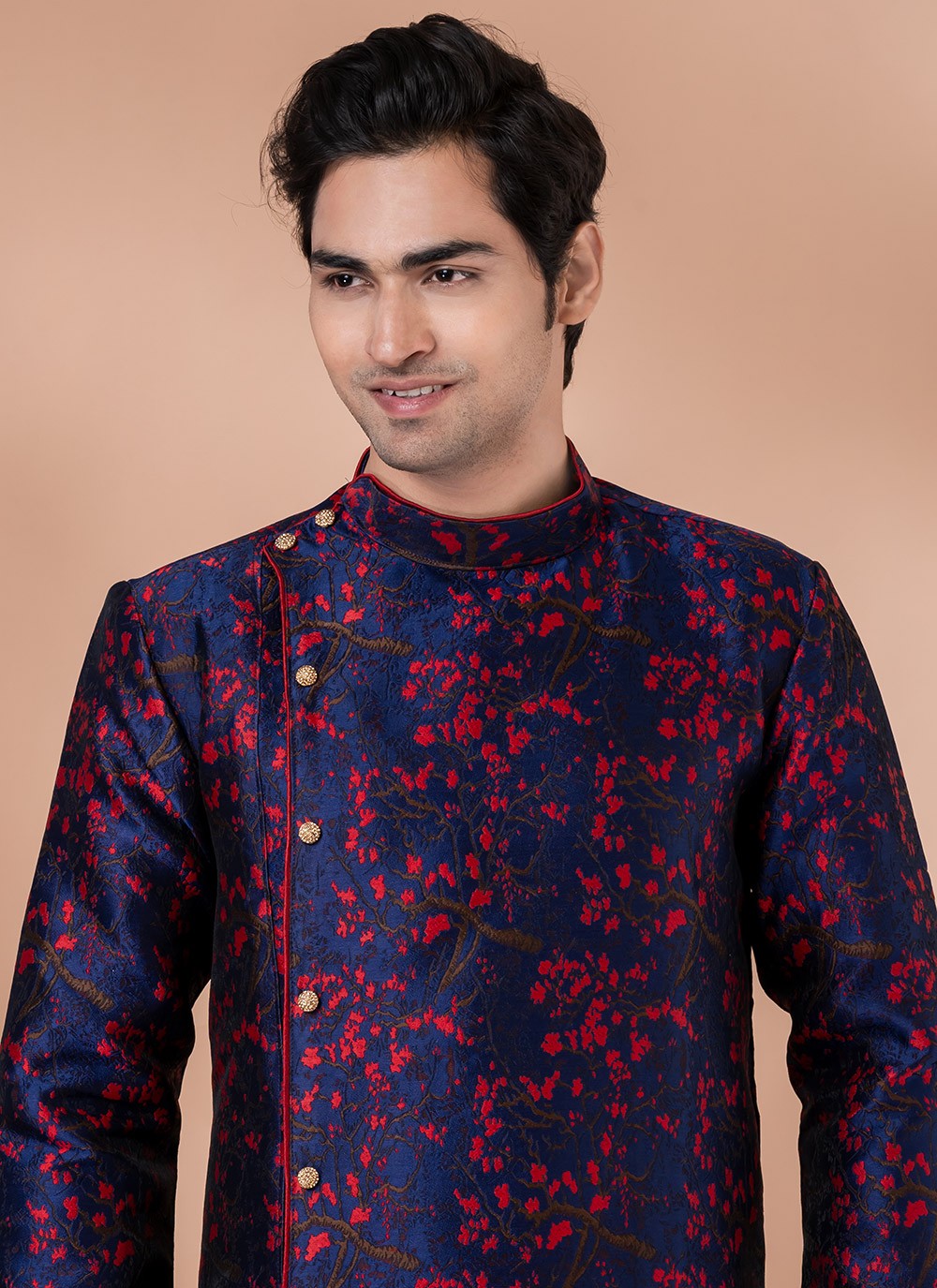 Embroidered Jacquard Silk Navy Blue Indo Western - M7044
