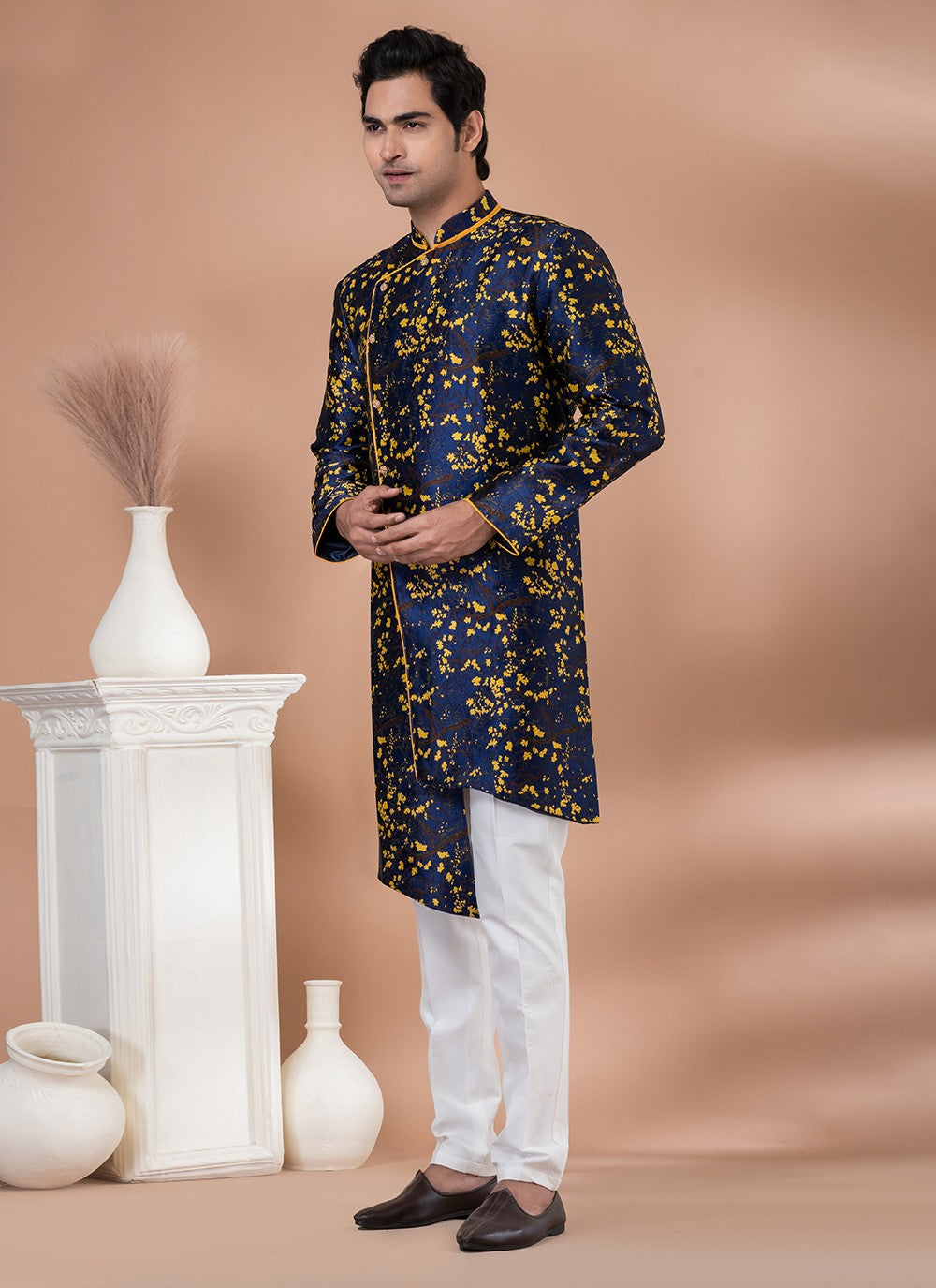 Embroidered Jacquard Silk Navy Blue Indo Western - M7045