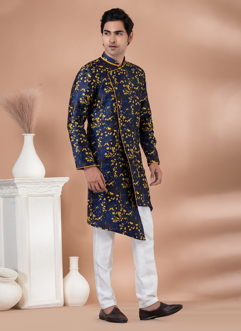 Embroidered Jacquard Silk Navy Blue Indo Western - M7045