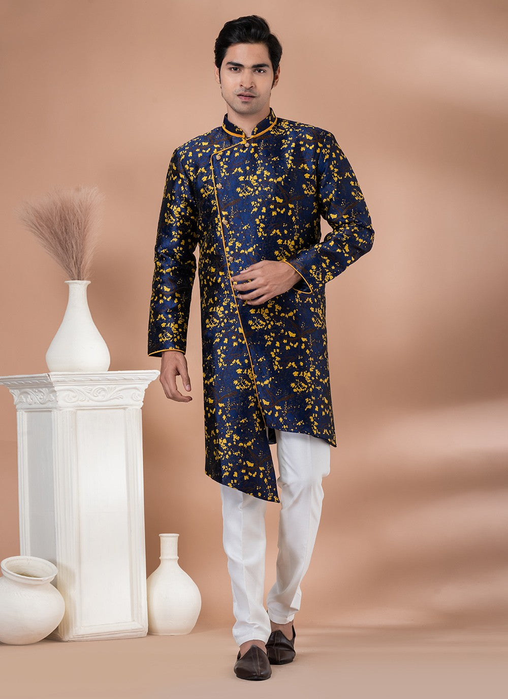 Embroidered Jacquard Silk Navy Blue Indo Western - M7045