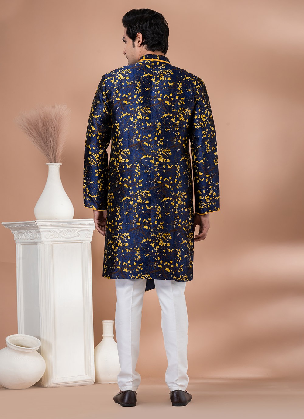 Embroidered Jacquard Silk Navy Blue Indo Western - M7045