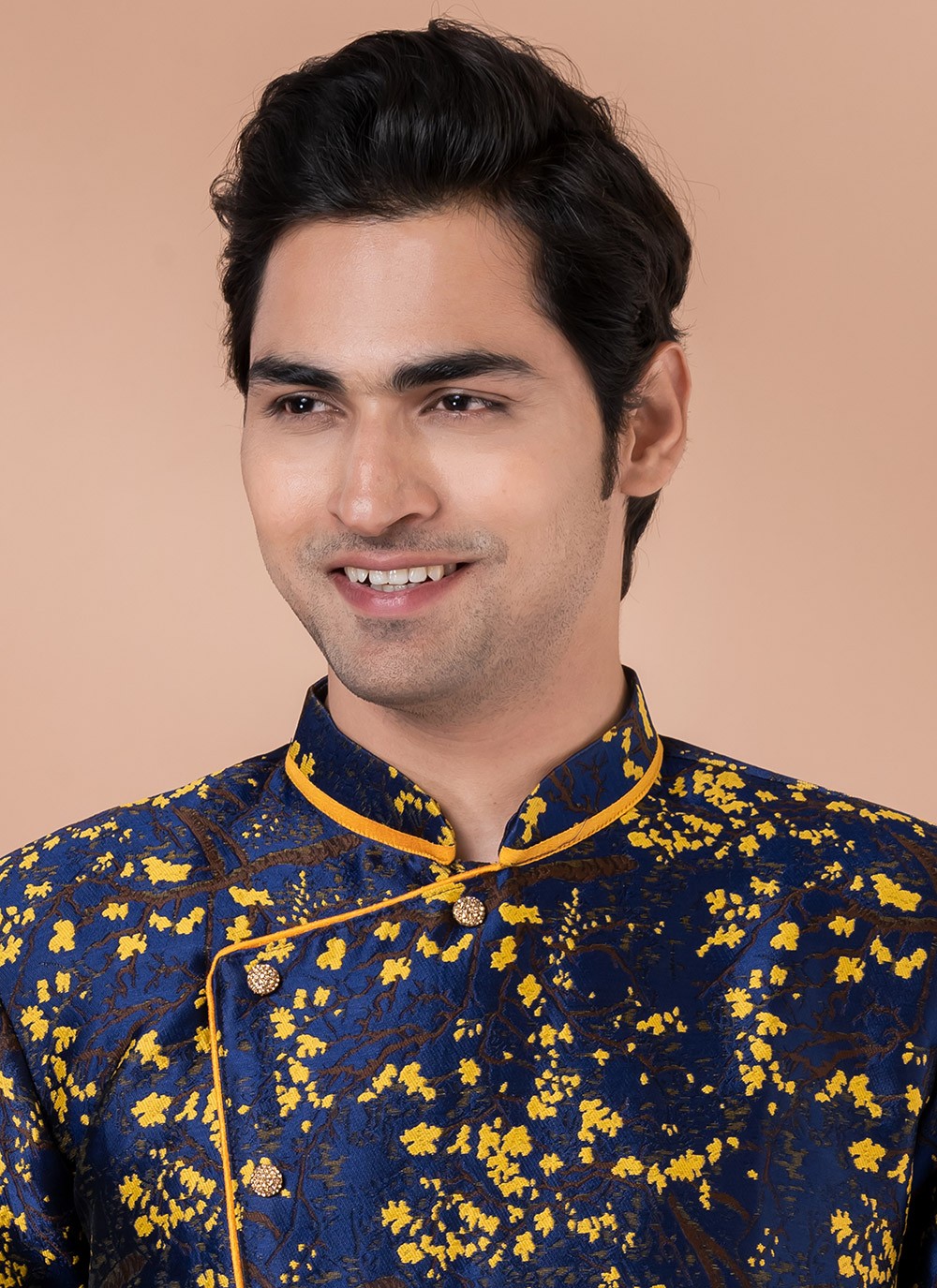 Embroidered Jacquard Silk Navy Blue Indo Western - M7045