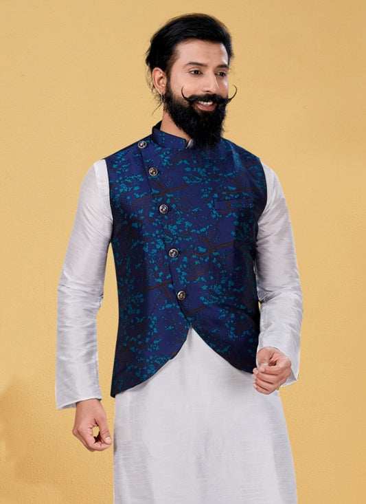 Jacquard Work Jacquard Navy Blue Nehru Jackets - M7367