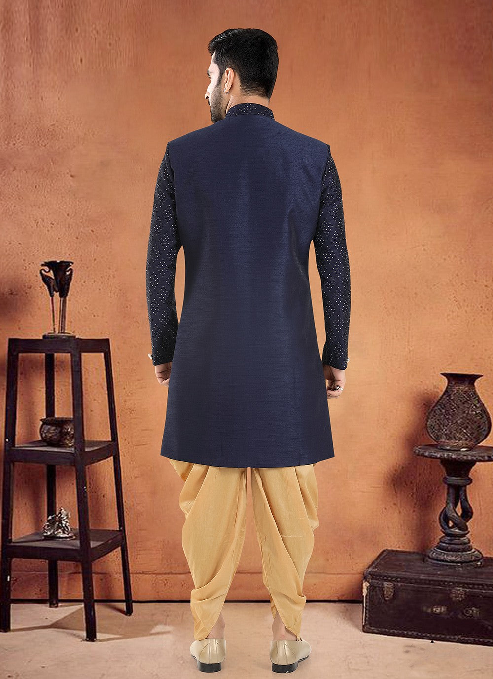 Jacquard Work Silk Navy Blue Sherwani - M8122