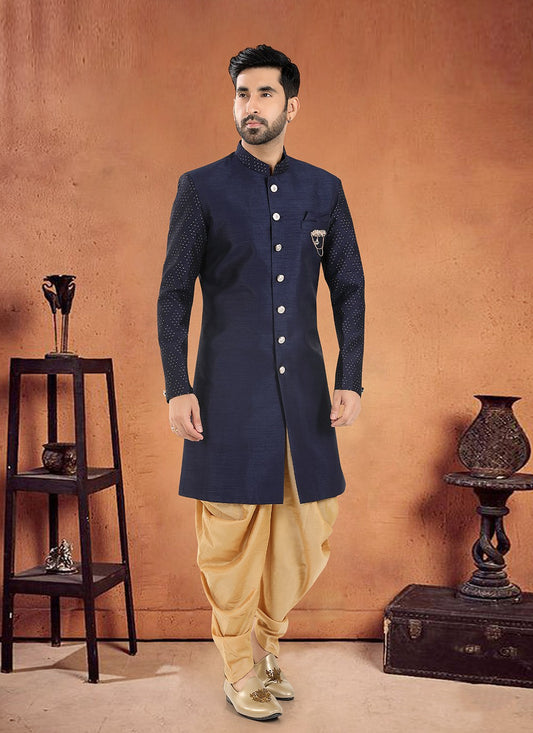 Jacquard Work Silk Navy Blue Sherwani - M8122