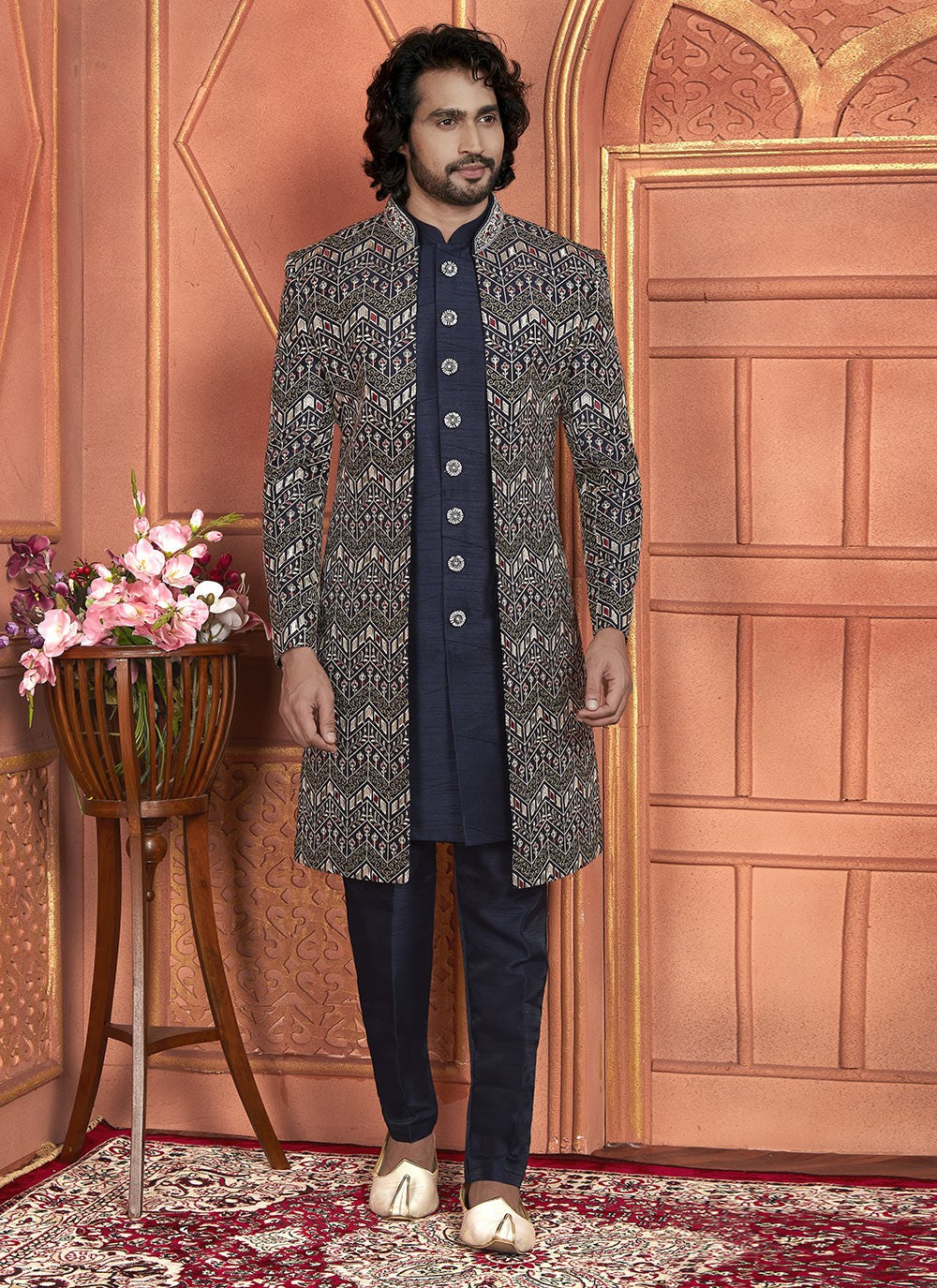 Machine Embroidery Art Silk Navy Blue Indo Western - M7358