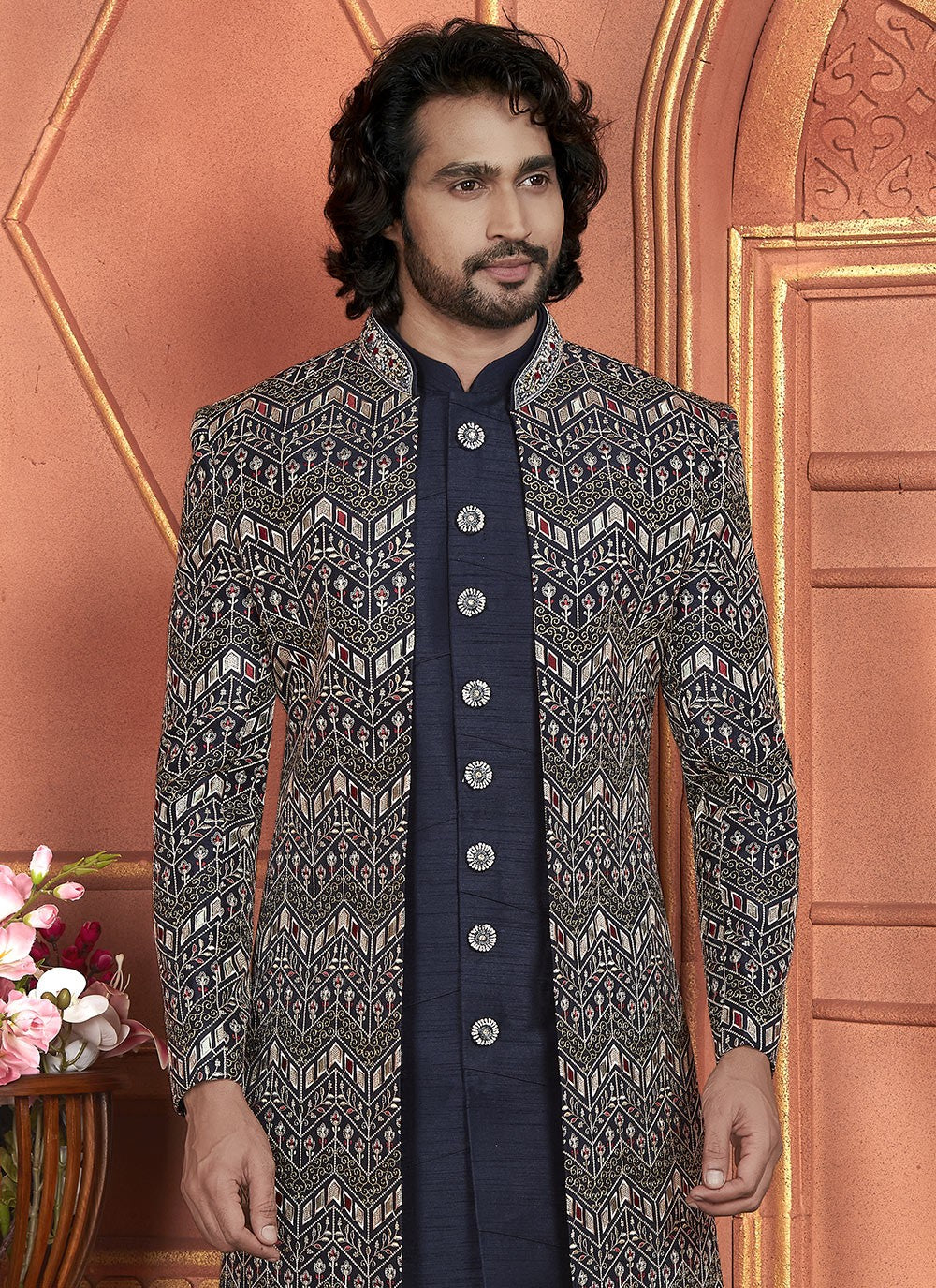 Machine Embroidery Art Silk Navy Blue Indo Western - M7358