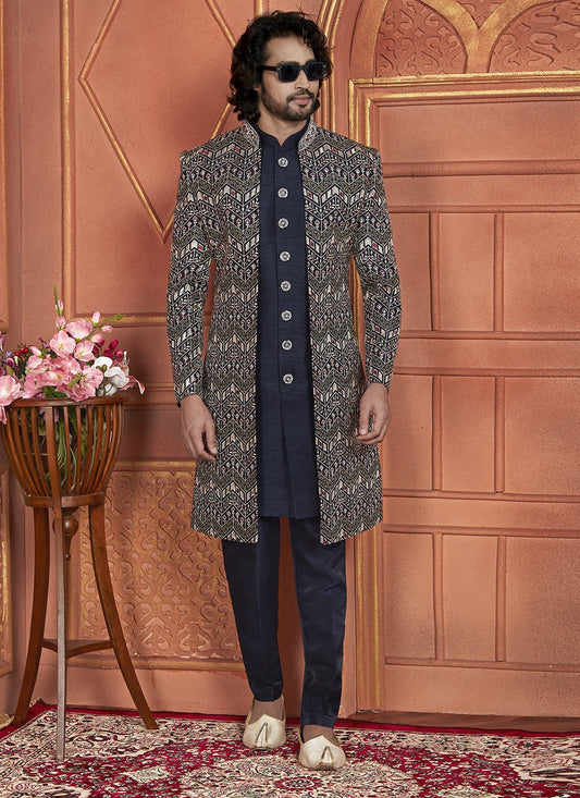 Machine Embroidery Art Silk Navy Blue Indo Western - M7358