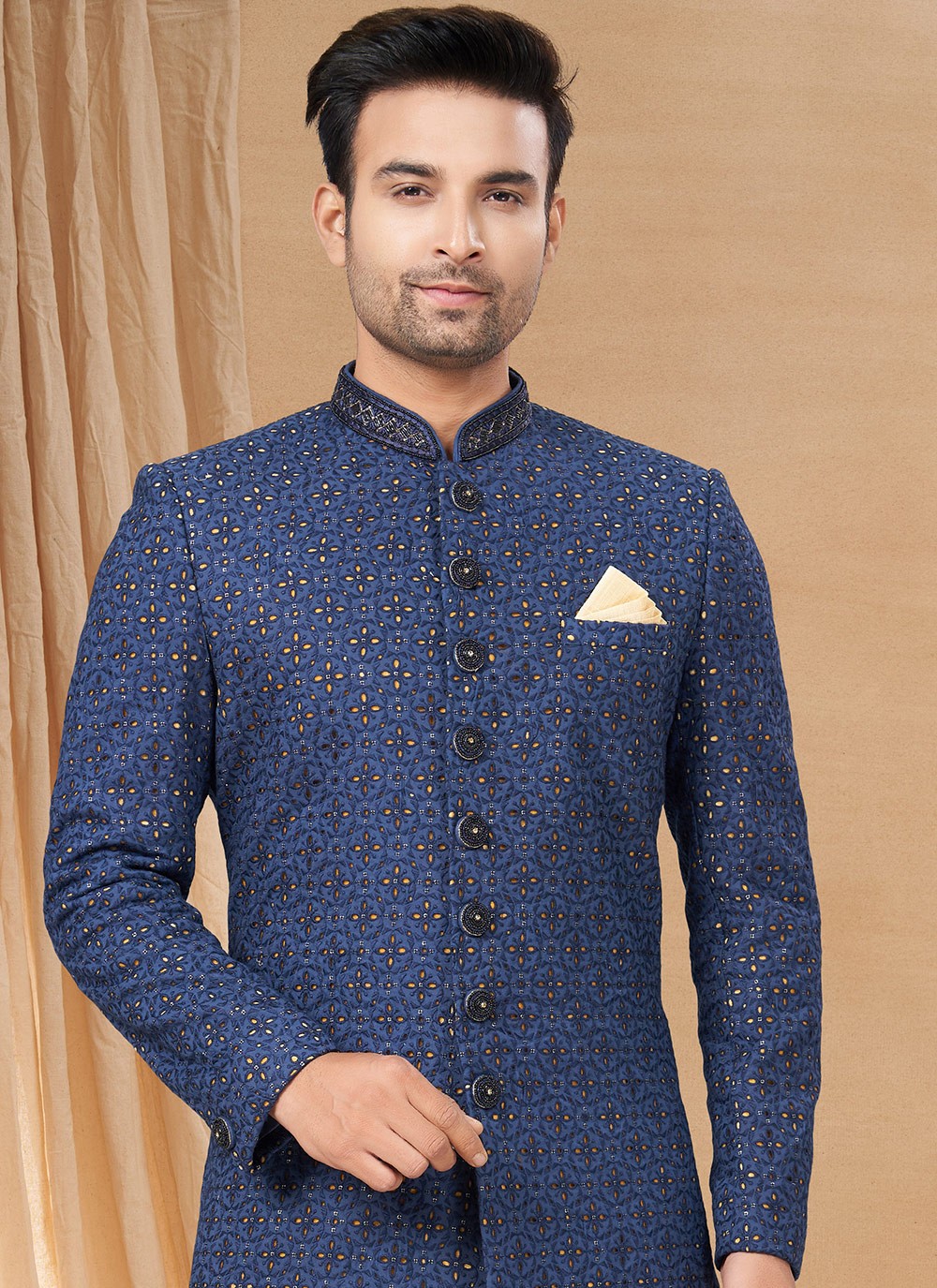 Machine Embroidery Lucknowi Navy Blue Indo Western - M6228