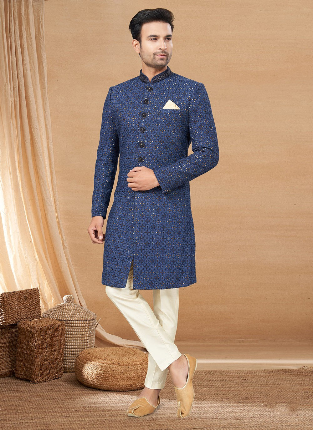 Machine Embroidery Lucknowi Navy Blue Indo Western - M6228