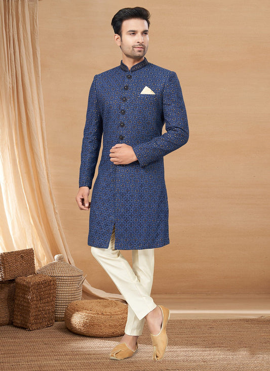 Machine Embroidery Lucknowi Navy Blue Indo Western - M6228