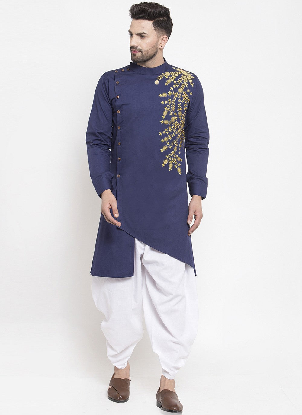 Embroidered Blended Cotton Navy Blue Dhoti Kurta - M6179