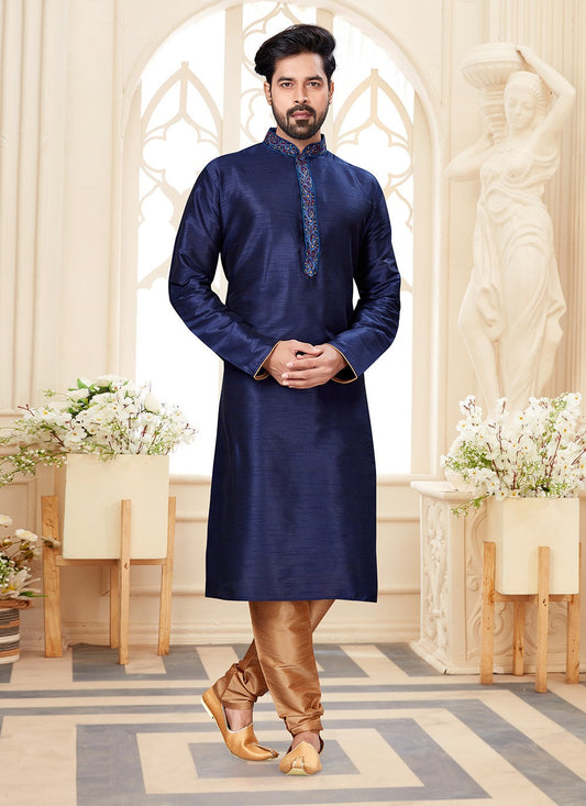 Embroidered Dupion Silk Navy Blue Kurta - M5588