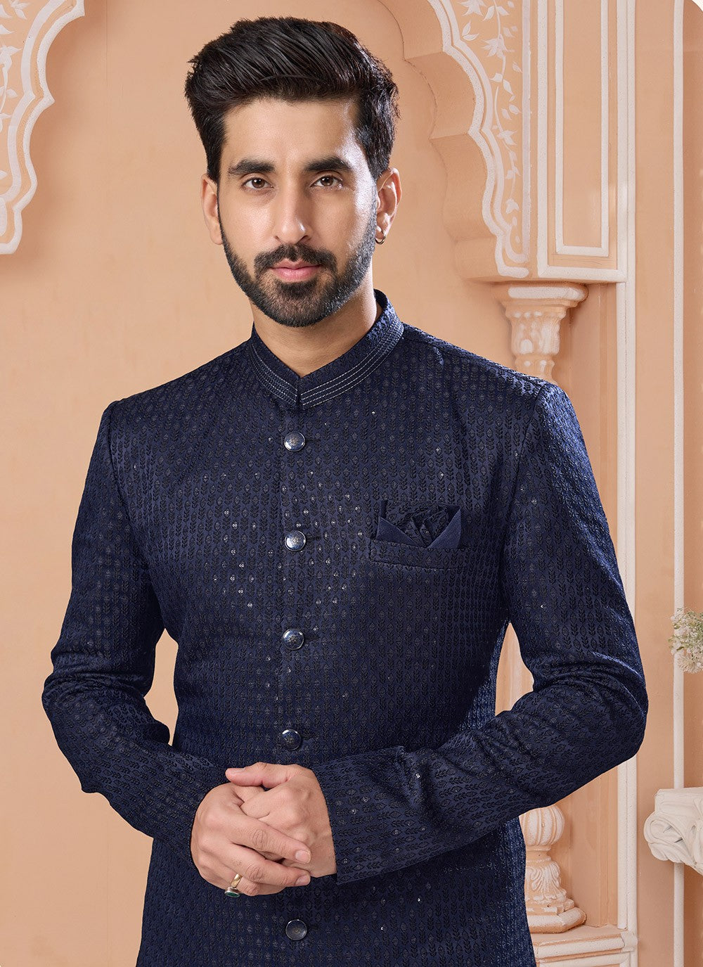 Fancy Work Jacquard Navy Blue Indo Western Sherwani - M7166
