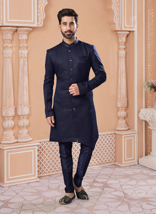 Fancy Work Jacquard Navy Blue Indo Western Sherwani - M7166