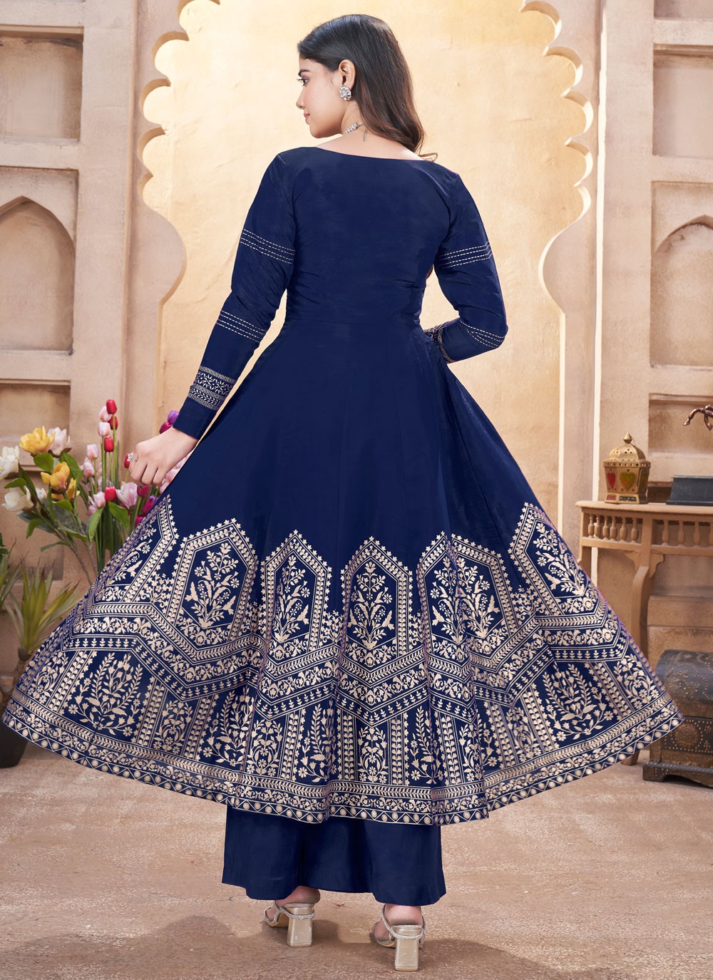 Anarkali Foliage Prints Navy Blue Silk T5473