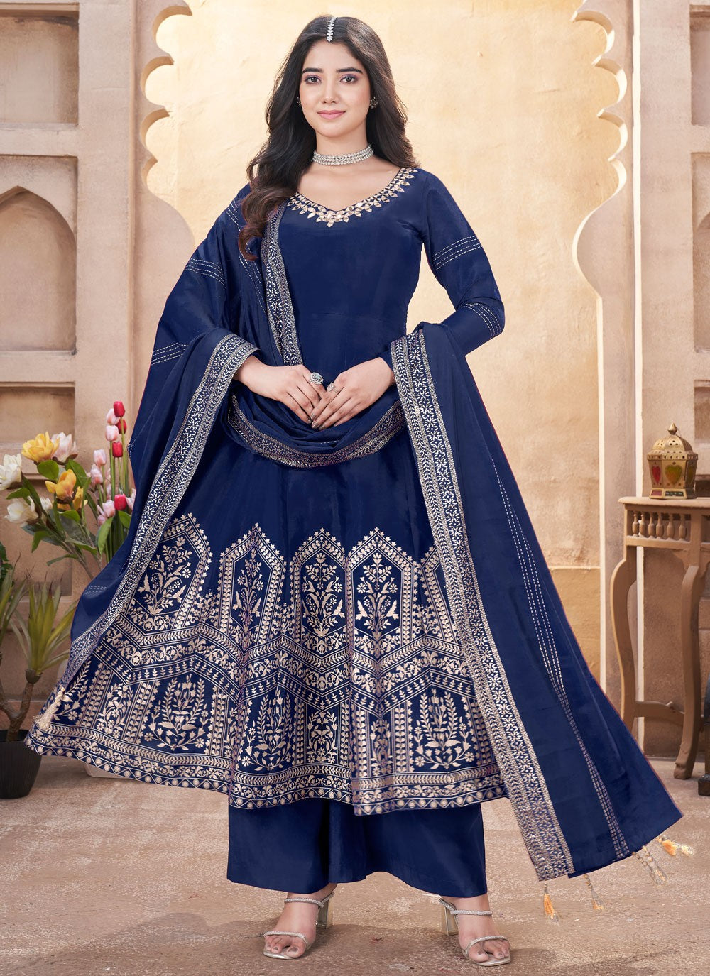 Anarkali Foliage Prints Navy Blue Silk T5473