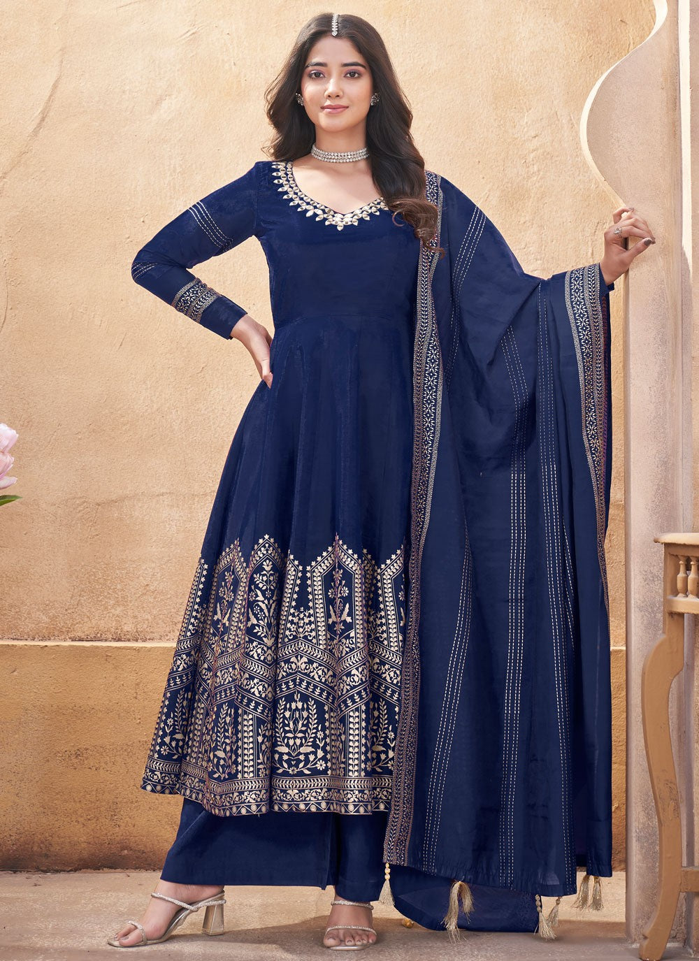 Anarkali Foliage Prints Navy Blue Silk T5473
