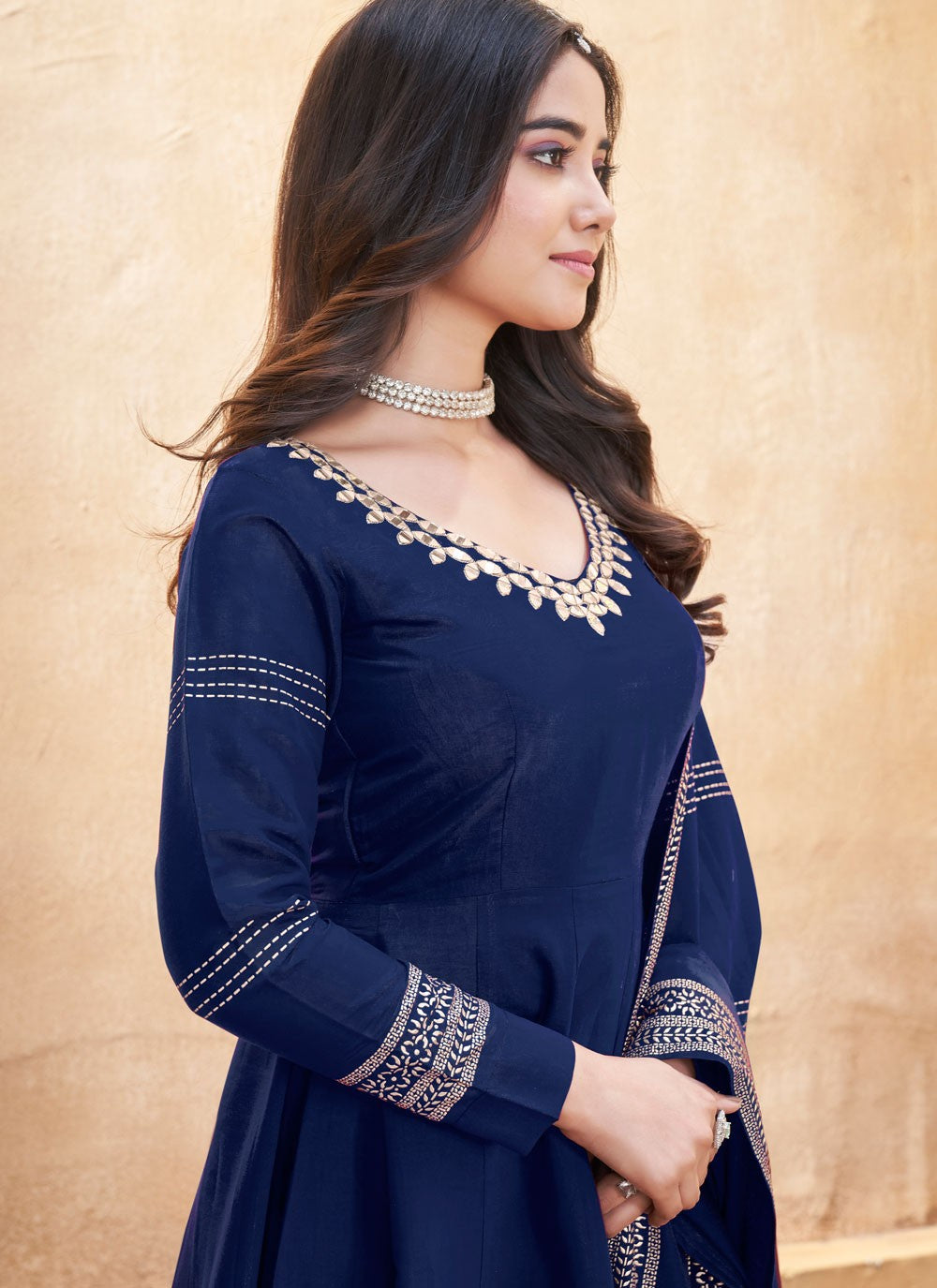 Anarkali Foliage Prints Navy Blue Silk T5473
